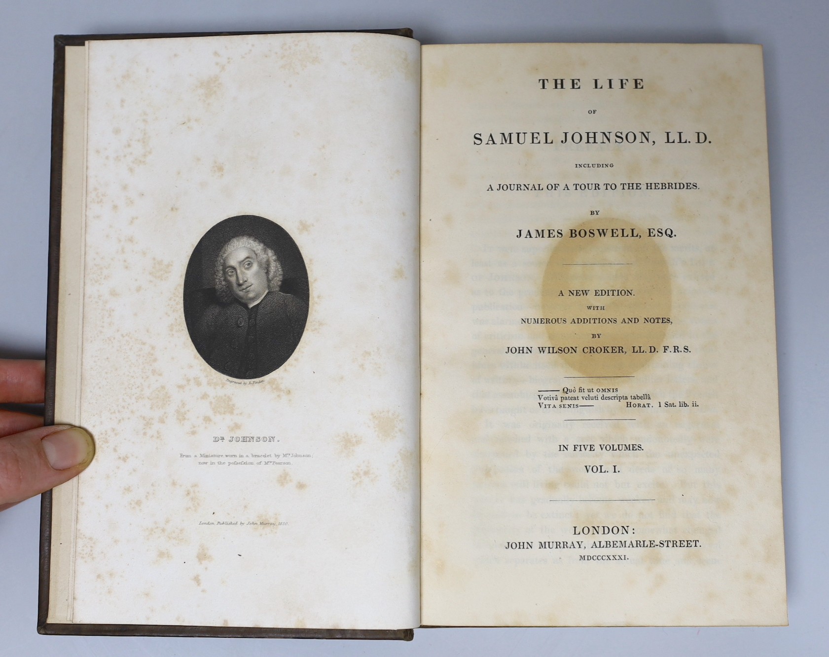 Boswell, James - Life of Johnson, with numerous additions and notes by John Wilson Croker, 5 vols, 8vo, calf, John Murray, 1831 and Johnson, Samuel - Journey to the Western Isles, 1st edition, 6 line errata at end, 8vo,